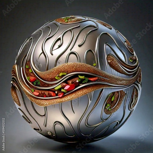 A metallic sphere with intricate swirling patterns adorned with a band of colorful vegetables and meat resembling a futuristic food vessel