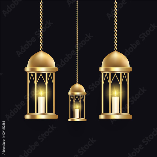 Islamic Arabic Hanging Lamp Set of Arabic Vintage Decorative Lanterns, Islamic Ramadan Eid Lamp Illustrations.