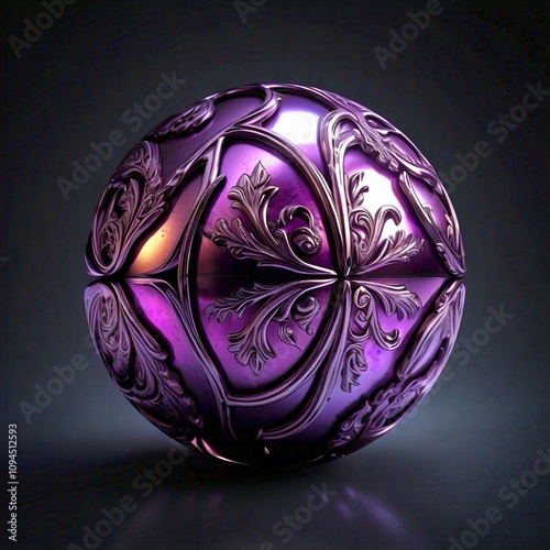 A metallic sphere with intricate floral patterns and a glossy finish