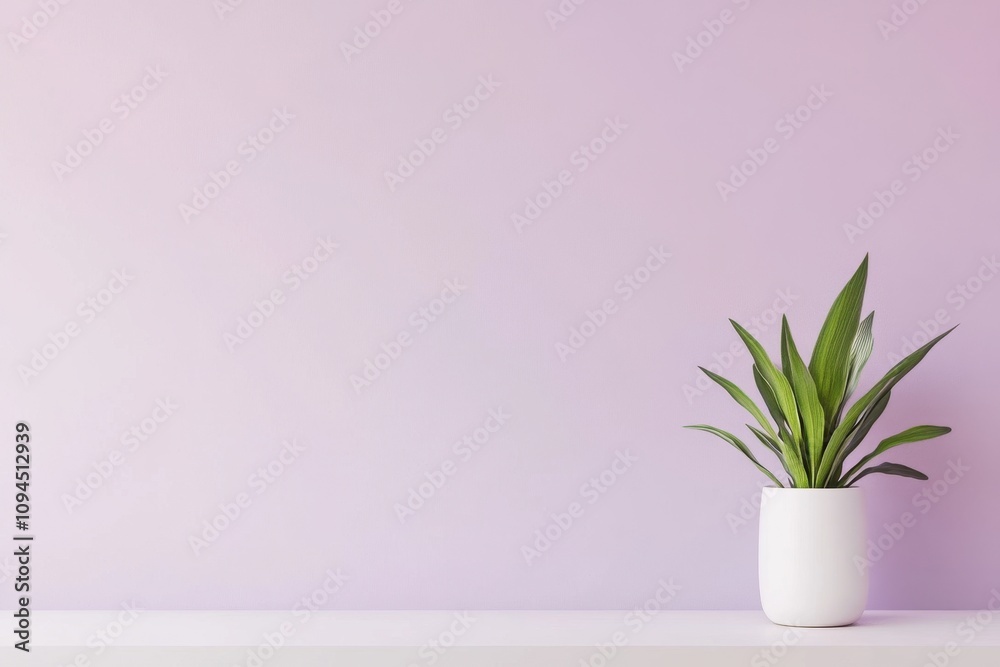 A minimalist scene featuring a potted plant against a soft purple wall. A minimalist scene featuring a potted plant against a soft purple wall.