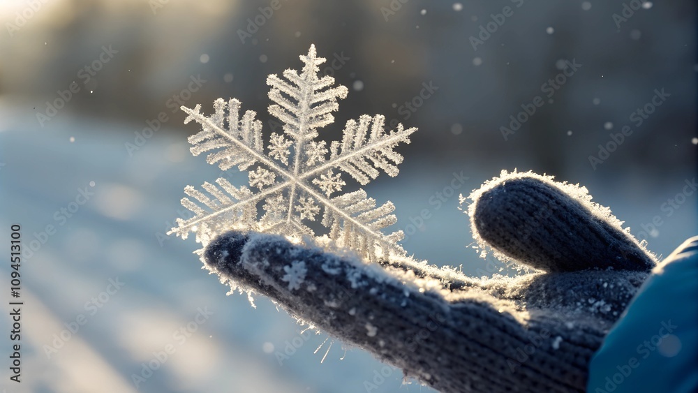 Naklejka premium A delicate snowflake resting on a gloved hand, illuminated by soft sunlight in a snowy outdoor setting. A magical winter moment perfect for seasonal and nature themes.