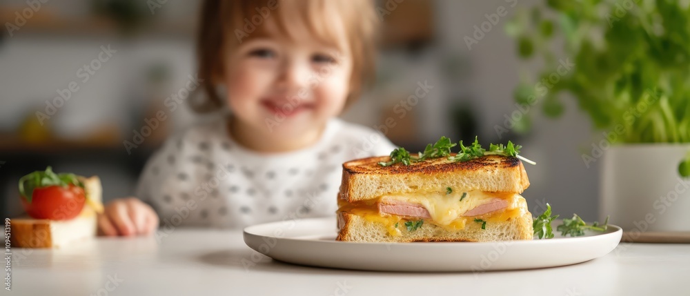 Toasted sandwich with melted cheese, ham, and fresh herb garnish Toasted sandwich with melted cheese, ham, and fresh herb garnish