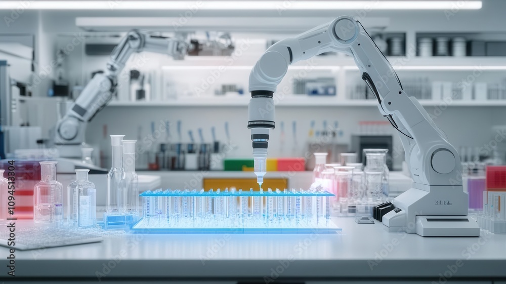Robotic arms conducting precise experiments on influenza treatments in a glowing modern lab Robotic arms conducting precise experiments on influenza treatments in a glowing modern lab