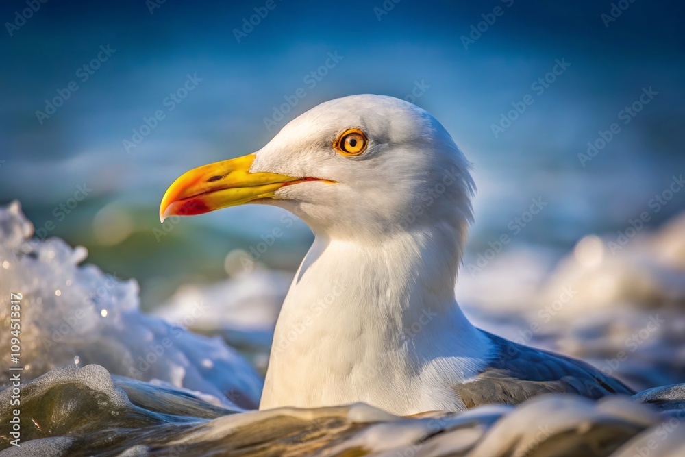 Captivating Close-Up of a European Herring Gull Swimming Gracefully in the Clear Blue Sea, Showcasing Its Distinctive Features and Natural Beauty in a Serene Marine Environment Captivating Close-Up of a European Herring Gull Swimming Gracefully in the Clear Blue Sea, Showcasing Its Distinctive Features and Natural Beauty in a Serene Marine Environment