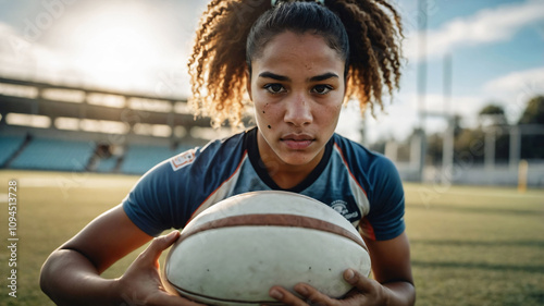 Portrait of woman rugby player running with ball on grass rugby field. Rugby sport on stadium with female team