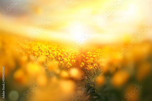 Field of yellow flowers with a bright sun shining on them. The sun's rays create a warm and inviting atmosphere