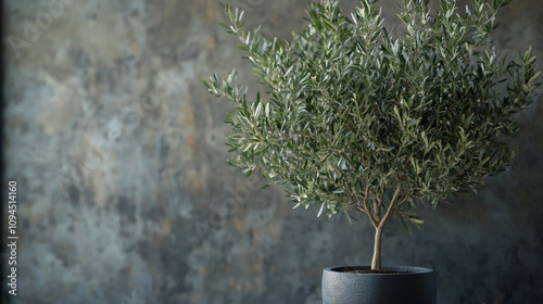 Indoor potted olive tree (Olea Europaea) as a decorative plant with a stylish background