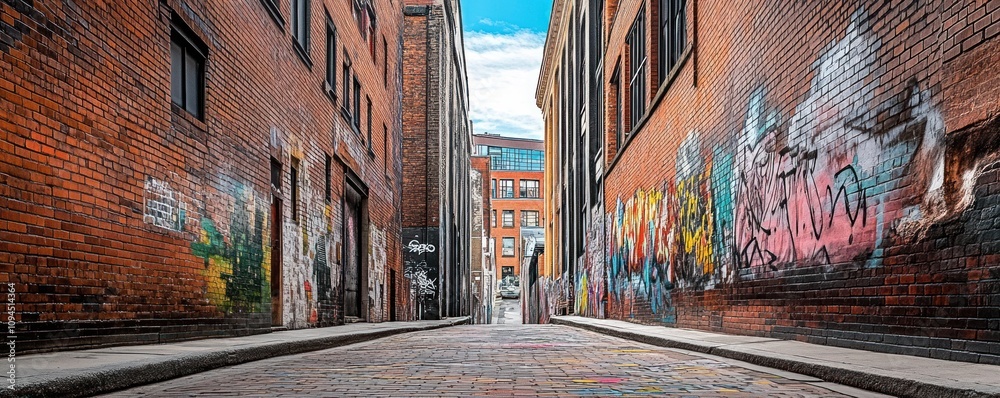 Fototapeta premium A narrow alleyway with brick walls and colorful graffiti under a blue sky.
