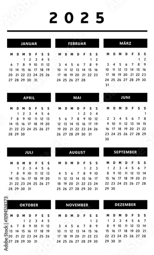 Calendrier 2025 en Allemand - Couleurs Noir et Blanc - Format 4 Trimestres
