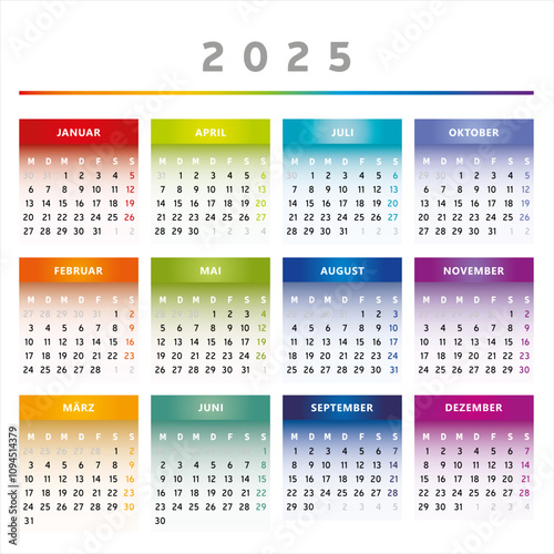 Calendrier 2025 en Allemand - Couleurs Arc-en-Ciel Format 4 Trimestres