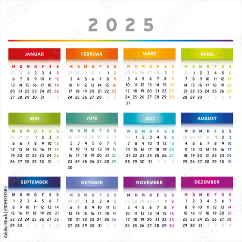 Calendrier 2025 en Allemand - Couleurs Arc-en-Ciel Format 4 Trimestres photo