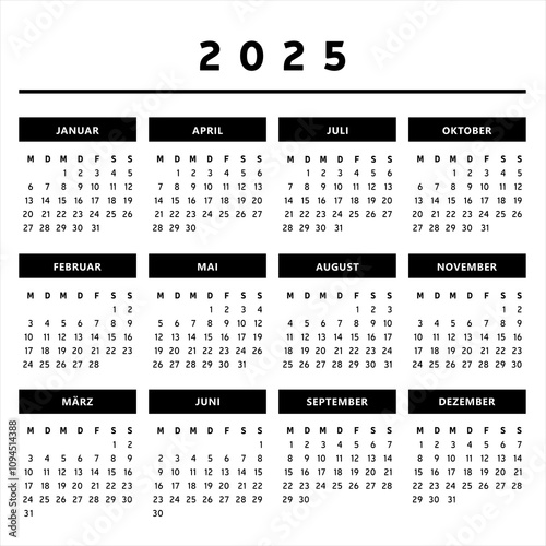 Calendrier 2025 en Allemand - Couleurs Noir et Blanc - Format 4 Trimestres
