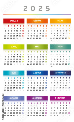 Calendrier 2025 en Allemand - Couleurs Arc-en-Ciel Format 4 Trimestres