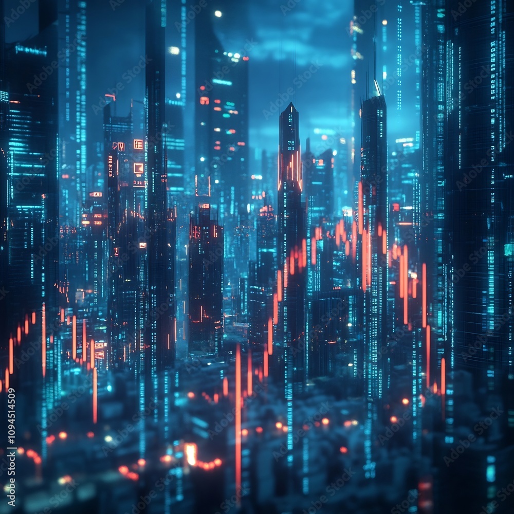 Futuristic cityscape with glowing skyscrapers and neon lights in a digital 3D rendered sci-fi landscape Futuristic cityscape with glowing skyscrapers and neon lights in a digital 3D rendered sci-fi landscape