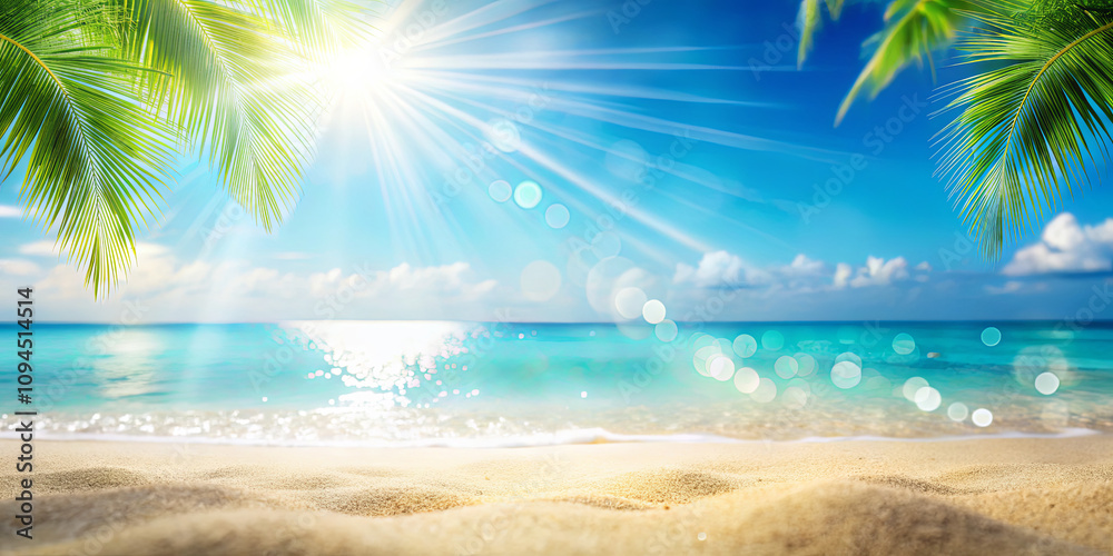 Obraz premium Soft sand meets crystal clear turquoise water under a bright sun. Lush palm leaves frame the view, creating a serene and inviting tropical atmosphere