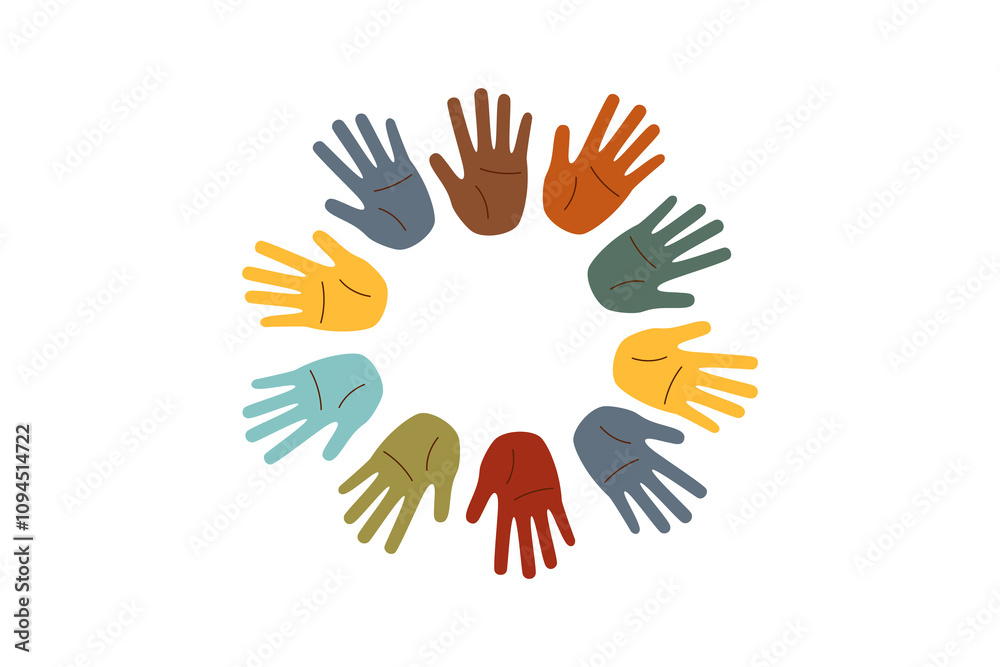 Set of human palms with different skin tones in a shape of circle. Concept of racial diversity. Concept of multiracial friendship, inclusivity, equality. Set of human palms with different skin tones in a shape of circle. Concept of racial diversity. Concept of multiracial friendship, inclusivity, equality.