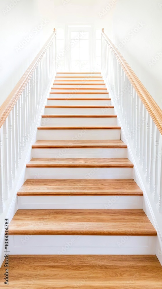 Elegant wooden staircase with oak parquet flooring illuminating a stylish home interior in natural light Elegant wooden staircase with oak parquet flooring illuminating a stylish home interior in natural light