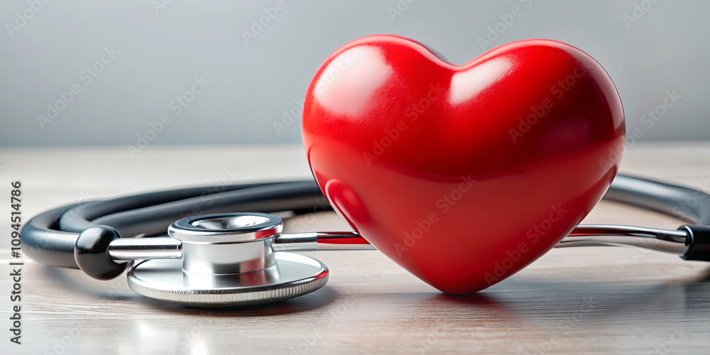 A glossy red heart sits next to a silver stethoscope on a wooden surface, emphasizing the focus on heart health and the role of medical professionals in care A glossy red heart sits next to a silver stethoscope on a wooden surface, emphasizing the focus on heart health and the role of medical professionals in care