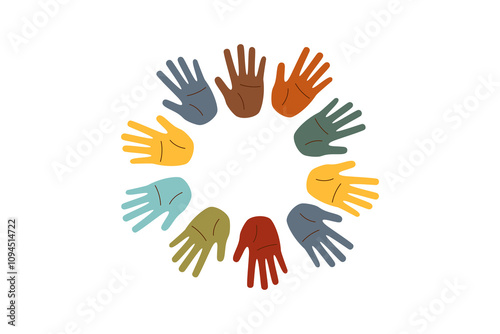Set of human palms with different skin tones in a shape of circle. Concept of racial diversity. Concept of multiracial friendship, inclusivity, equality.