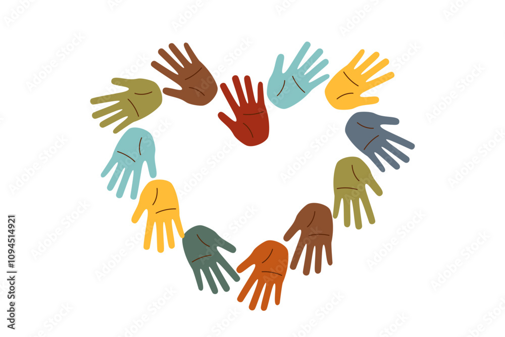 Set of human palms with different skin tones in a shape of heart. Concept of racial diversity. Concept of multiracial friendship, inclusivity, equality. Set of human palms with different skin tones in a shape of heart. Concept of racial diversity. Concept of multiracial friendship, inclusivity, equality.