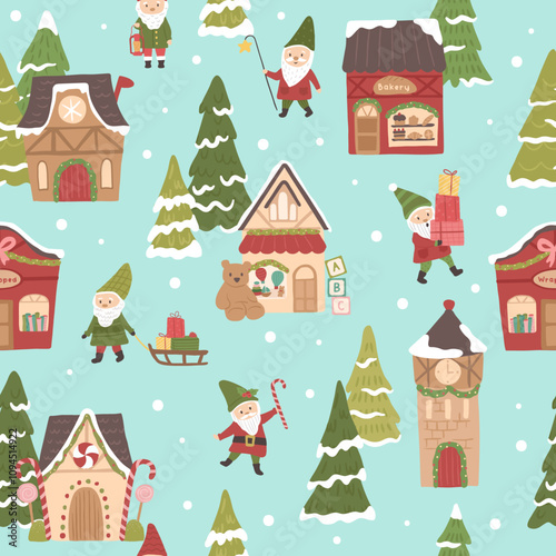 Winter Christmas north pole seamless pattern of elves on village shops vector illustrations
