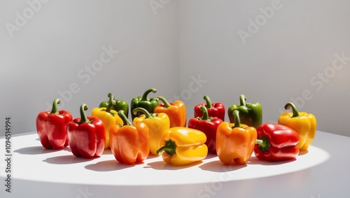 A bunch of colorful bell peppers ordered esthetic.