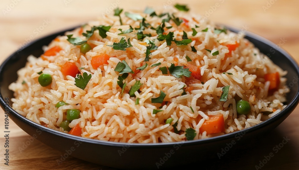 A bowl of rice with vegetables, garnished with herbs, showcasing a colorful and appetizing dish. A bowl of rice with vegetables, garnished with herbs, showcasing a colorful and appetizing dish.