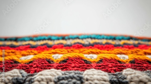 A close-up of a vibrant Bosnian handwoven rug with intricate designs on a white background photo