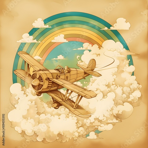 The image is a vintage-style illustration set against a warm, sunset-hued backdrop. The centerpiece is a large, retro-style passenger plane flying low over the iconic Eiffel Tower in Paris. The plane 