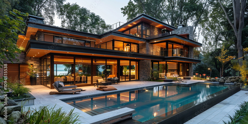 Luxurious multi-level house with lit interior, large windows, and a pool at dusk surrounded by trees.
Luxurious multi-level house with lit interior, large windows, and a pool at dusk surrounded by trees.