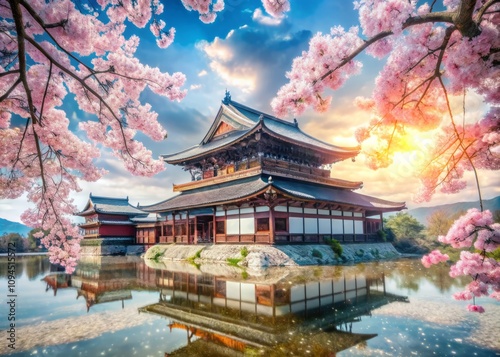 Captivating Double Exposure of Kyoto Imperial Palace Blending with Serene Cherry Blossoms and Traditional Japanese Architecture for a Stunning Visual Experience