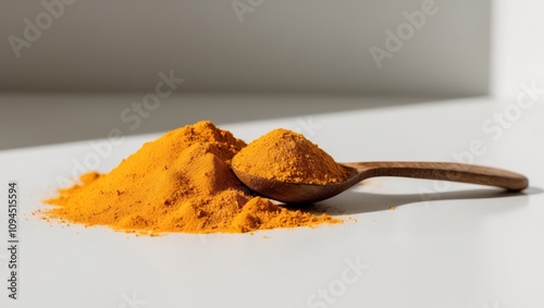 Golden yellow turmeric powder in a wooden spoon. photo