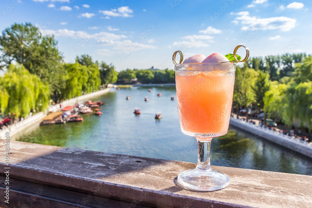 Cocktail in the summer with Qianhai lake on the background in Beijing, China