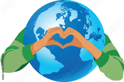 Hands making heart shape around earth globe showing love and care