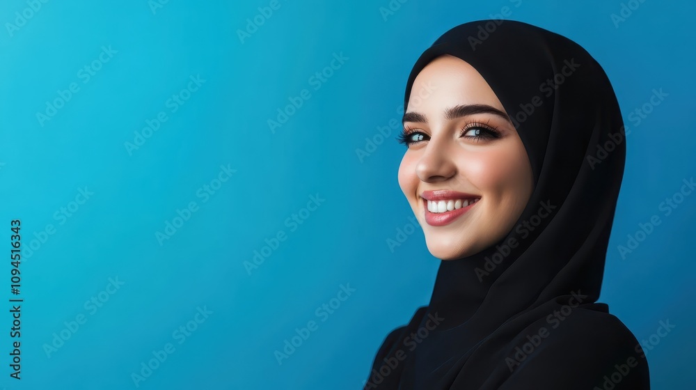 Confident young woman in black hijab smiling against vibrant blue backdrop Confident young woman in black hijab smiling against vibrant blue backdrop