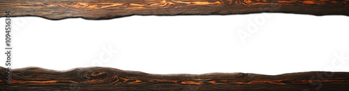 Burnt dark board with natural patterns on wooden surface with transparent and white background space for text in the middle.