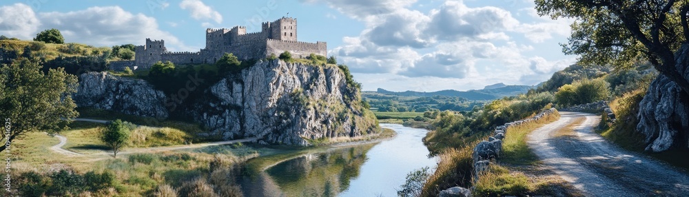 A scenic view of a castle on a cliff beside a river, surrounded by lush greenery and hills. A scenic view of a castle on a cliff beside a river, surrounded by lush greenery and hills.