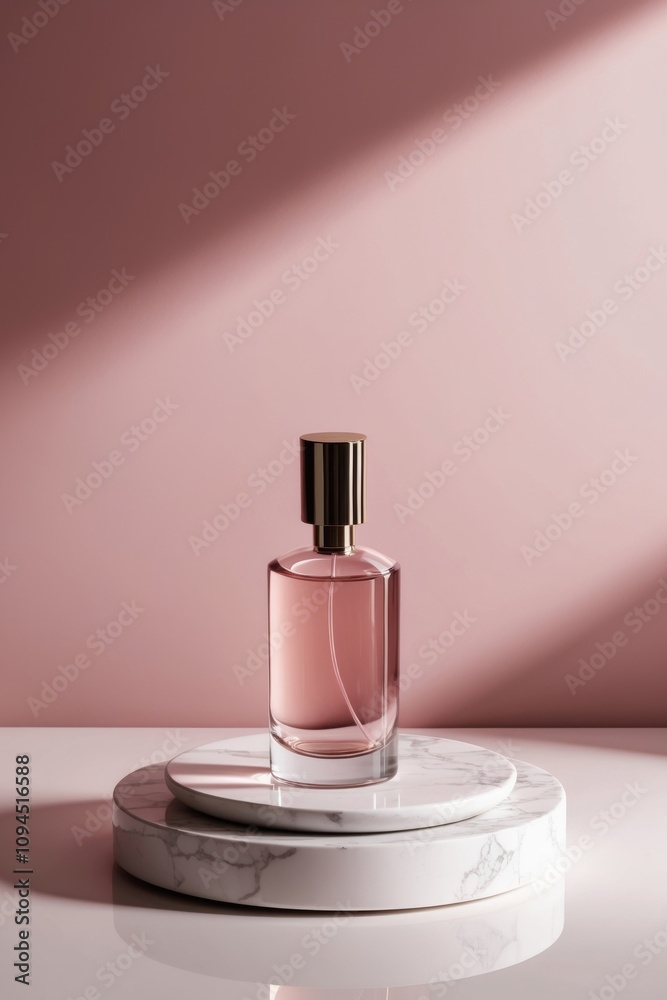 Elegant perfume bottle on marble stand with pink shadowed background.