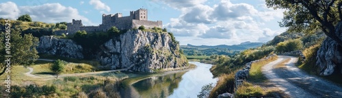 A scenic view of a castle on a cliff beside a river, surrounded by lush greenery and hills.