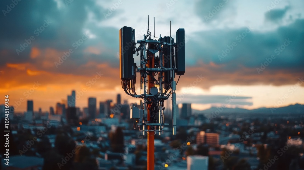 Modern Cell Tower Against Urban Sunset Sky Modern Cell Tower Against Urban Sunset Sky