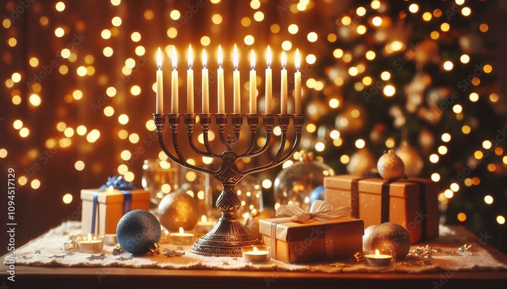 Hanukkah menorah illuminated on festive blurred background Hanukkah menorah illuminated on festive blurred background