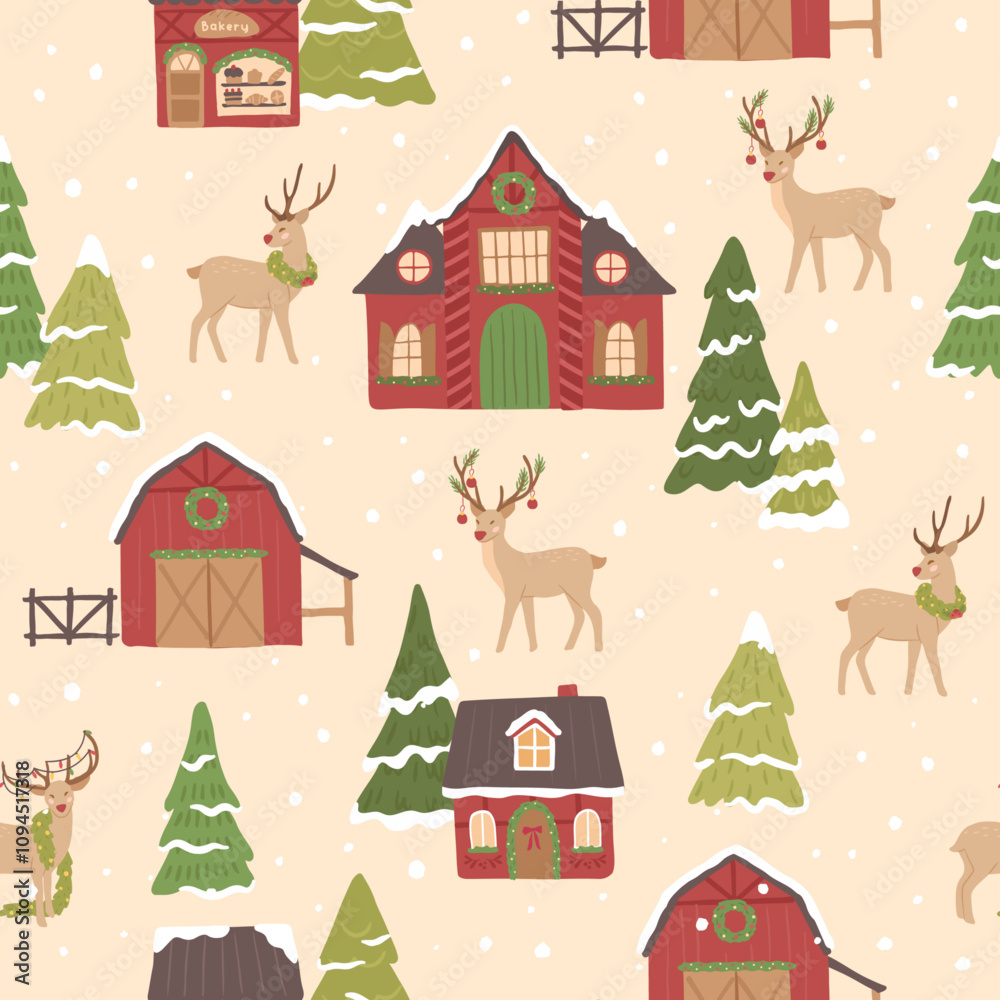 Winter Christmas north pole seamless pattern of reindeer and village homes barn stable vector illustrations Winter Christmas north pole seamless pattern of reindeer and village homes barn stable vector illustrations