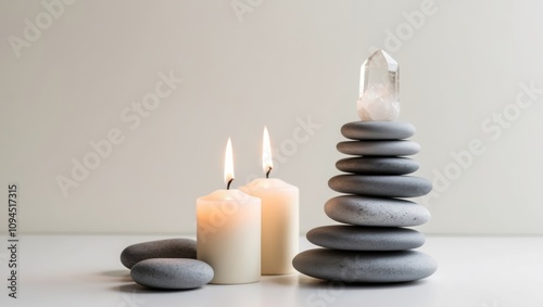 A stack of rocks with a crystal on top and candles in the middle.