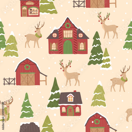 Winter Christmas north pole seamless pattern of reindeer and village homes barn stable vector illustrations