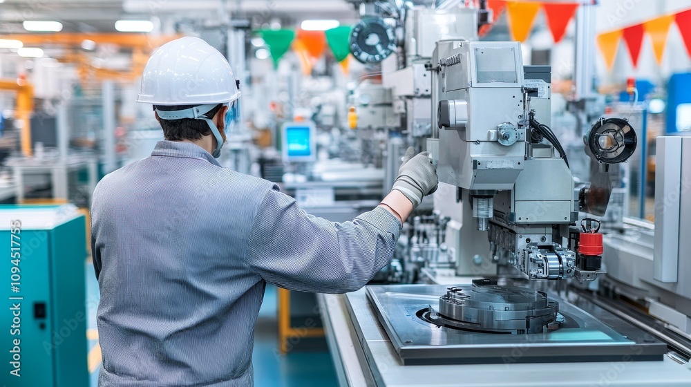 A worker in a factory setting operates a machine with precision A worker in a factory setting operates a machine with precision