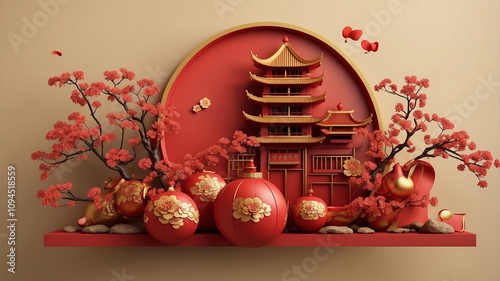 Red Chinese decoration, traditional house, pink tree, made with Generative Ai technology