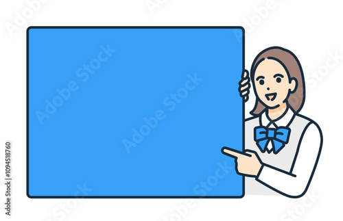 ブレザー姿の女子高生が大事なポイントを解説。テキストスペースが確保されたベクターイラスト素材。