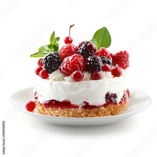 Delicious layered cake topped with fresh berries on a white plate.