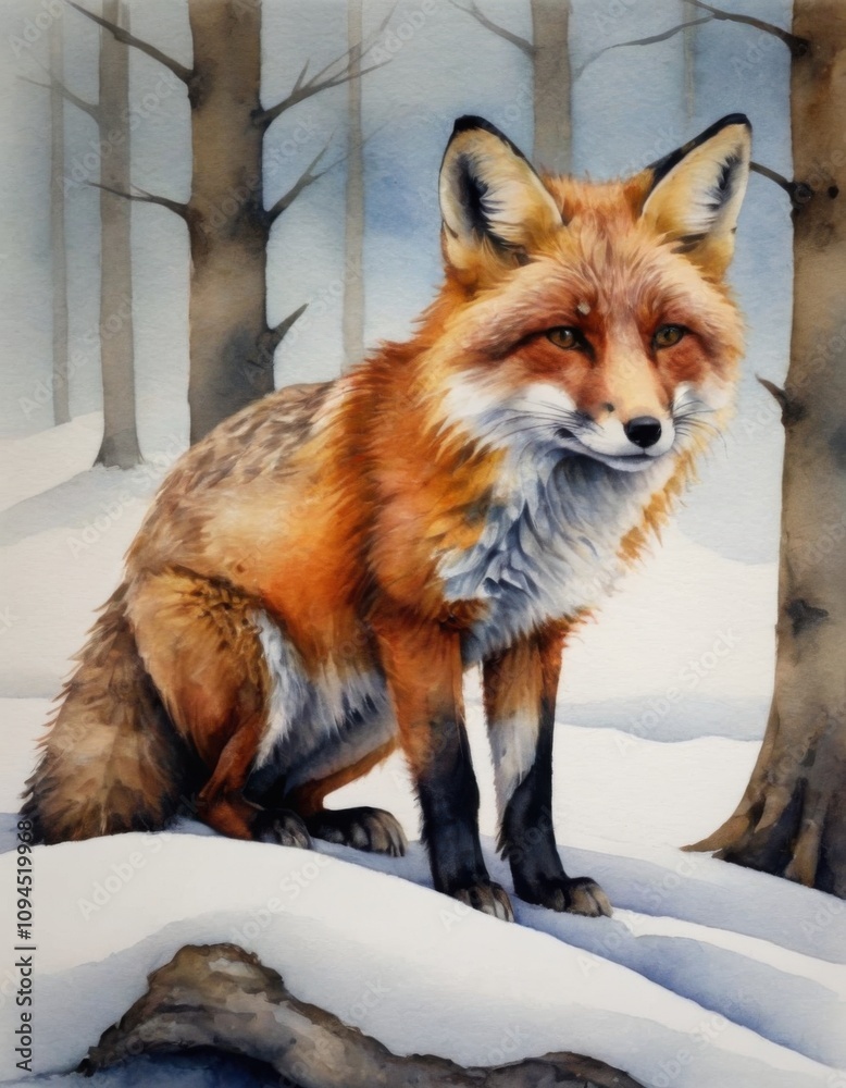 Fototapeta premium Realistic watercolor painting of a fox resting in a snowy forest during winter with pine trees in the background