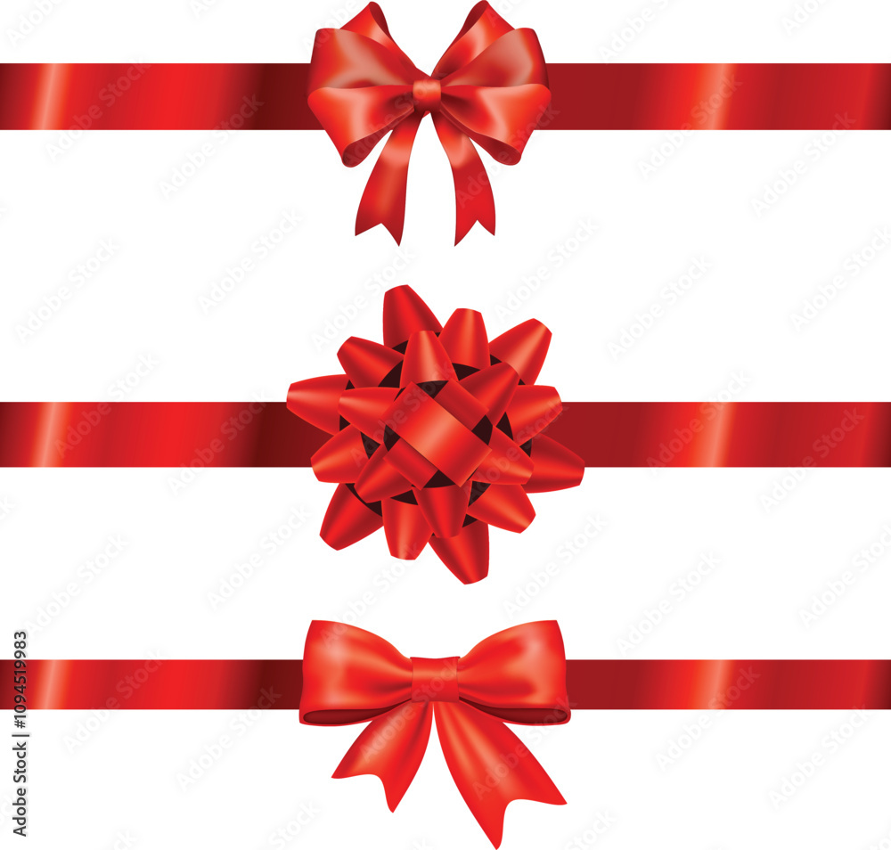 Decorative red bow with horizontal red ribbon isolated on white Vector set of bows for page decor Decorative red bow with horizontal red ribbon isolated on white Vector set of bows for page decor